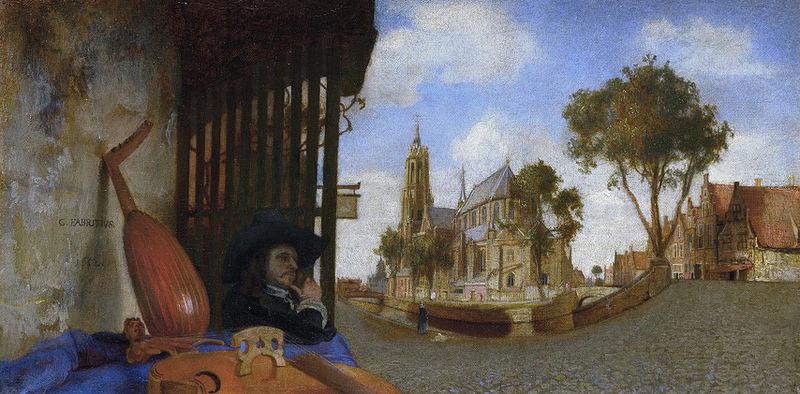 Carel fabritius A View of Delft, with a Musical Instrument Seller's Stall